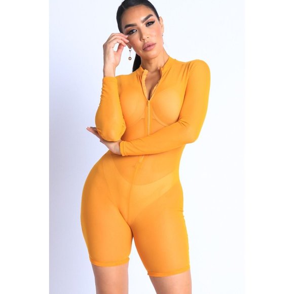 Women Sexy See Through Sheer Mesh Zip Up Bodysuit Jumpsuit Club Party Romper - Picture 2 of 10
